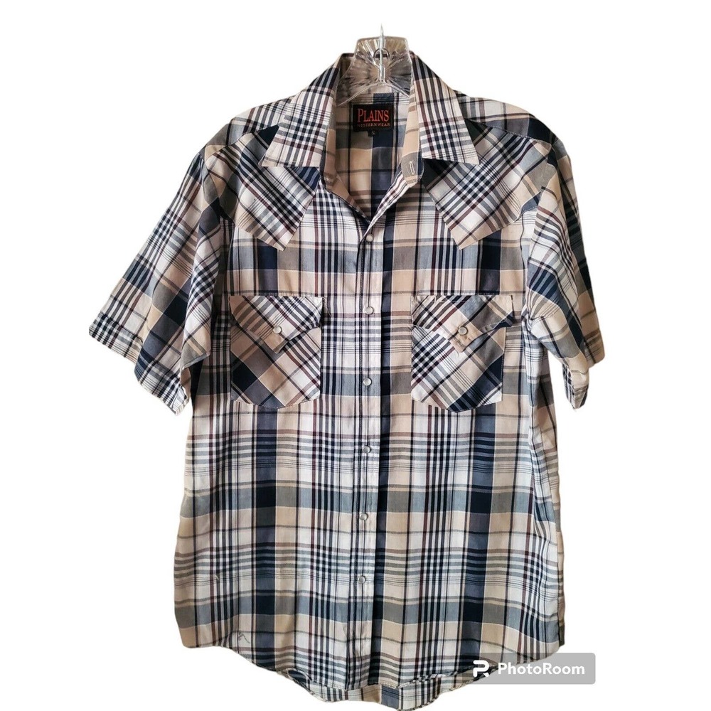 Plains Western Wear Blue & Tan Plaid Pearl Snap Western Shirt Short Sleeves Sz S